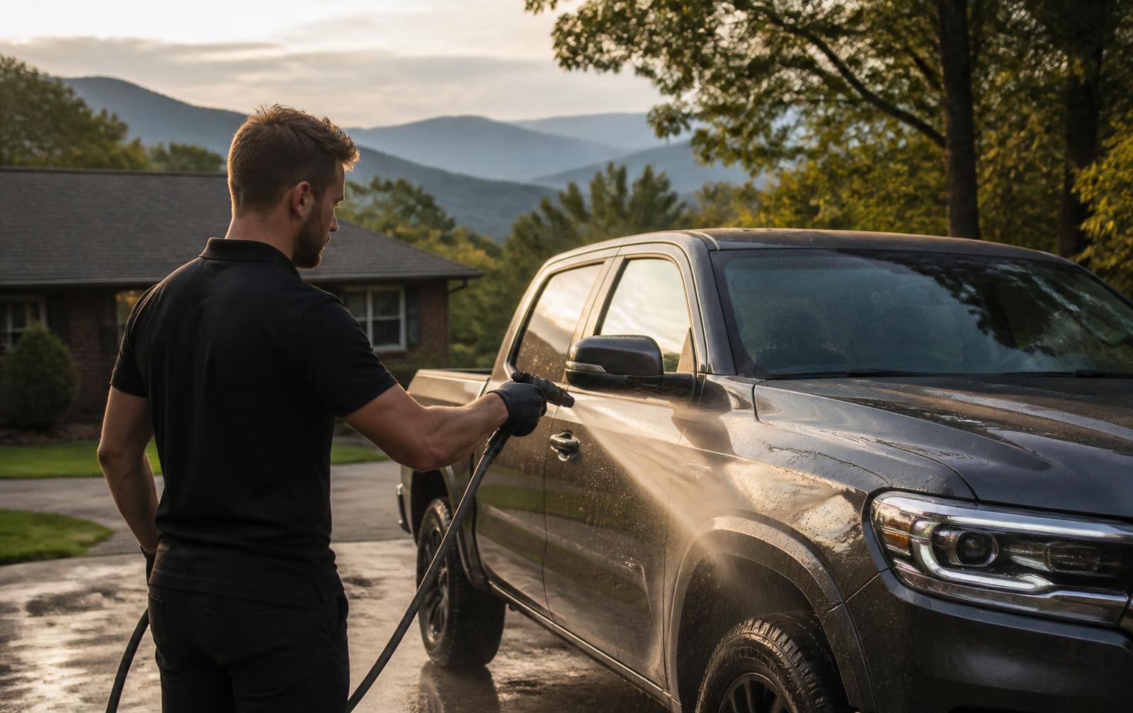 Detailer rinsing a glossy black SUV in a Maryville driveway at sunset
