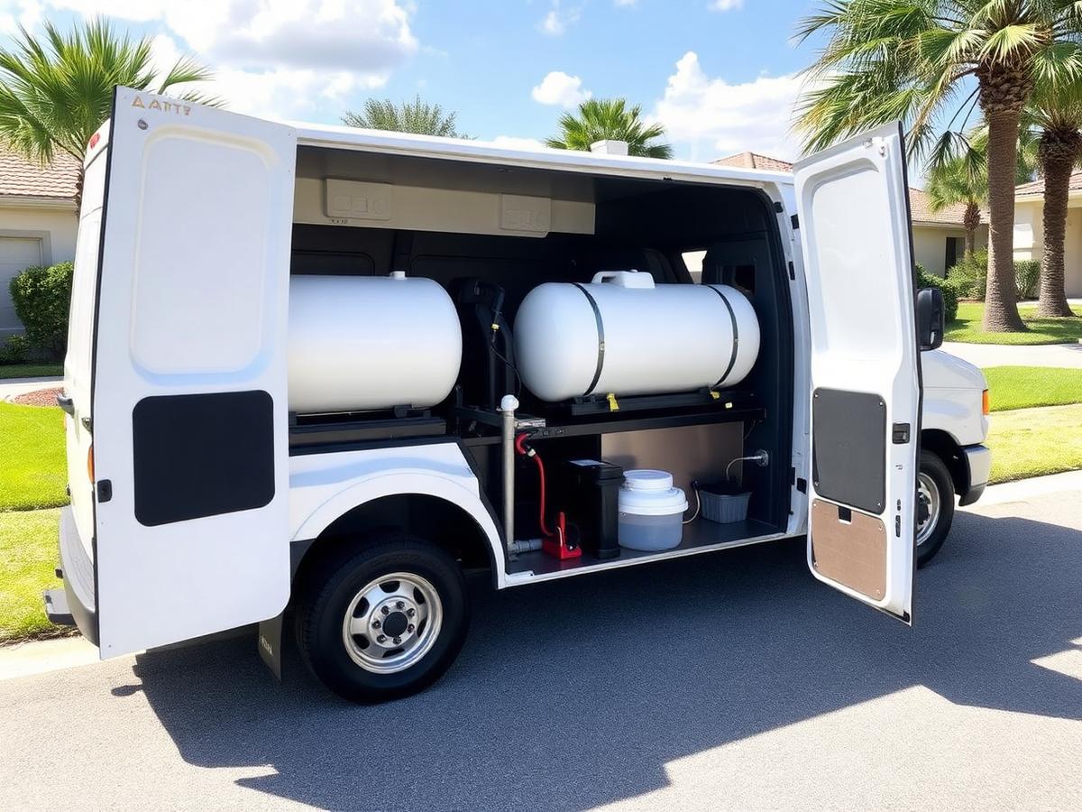 Mobile detailing van with water tanks parked in a Maryville neighborhood